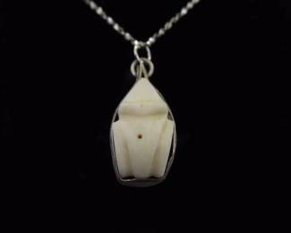 .925 Sterling Silver Primitive Carved Bone Frog Pendant Necklace
