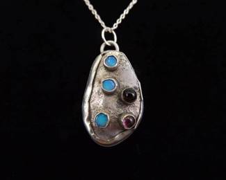 .925 Sterling Silver Opal and Amethyst Cabochon Primitive Pendant Necklace
