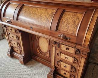  A beautiful Important Spectular Antique very tall and fabulous Secretary Desk with Glorious Detailing-Attr. Herter/Aesthetic Movement/Circa 1865. Antique Victorian Walnut Secretary Desk with Burl Cylinder Roll Top with attachable Bookcase...in the next picture. This dramatic Secretary Desk sits in a house with a low enough ceiling that the Attachable Bookcase has to stand alone. It would be dramatically impressive if they were attached. Very valuable. 