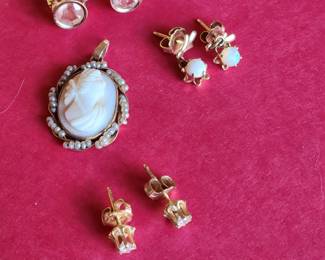 10Kt, 14kt Gold Earrings and Cameo/Gold Pendant. 