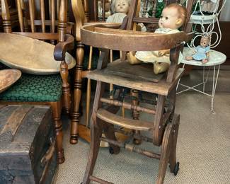Antique Convertible High Chair.  Converts to walker.  Needs a little TLC but sturdy and in good overall condition.  Authentic hand carved antique dough bowls in various sizes and old trunks as well.