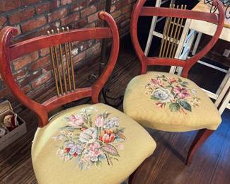 Pair of 1940's Lyre Back side chairs with gorgeous needlepoint seating.