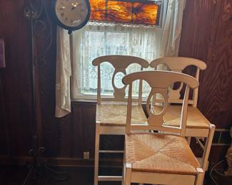 Trio of three modern bar stools; freestanding double sided clock, stunning stained glass with running horses etched in glass.