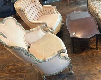 King and Queen French Provencial ? gilted chairs.  Well loved.  Glass top antique coffee table.