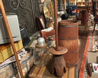 Amish wood butter churn bucket, paddle and lid.  glass butter churn.  All intact.