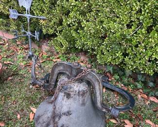 Large cast iron bell.  Ringer intact.  In excellent condition.  Metal chicken weather vane.