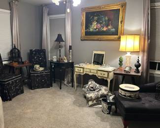 Nice bedroom furnitue.  Vintage vanitiy.  Side tables, pair of chairs, upholstered and on wheels.  bedding ensemble.  Lounger that is well worn and needs work.  Lamps, decor, birdcages.