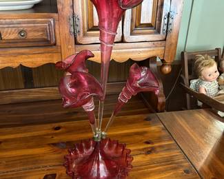 Cranberry Glass.  Victorian Epergne 4 horn 21" Trumpet Vase.  All intact and no chips or cracks.