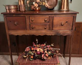 Hand crafted amish inspired tall entry table or buffet.  Many copper pieces.  Large storage basket.