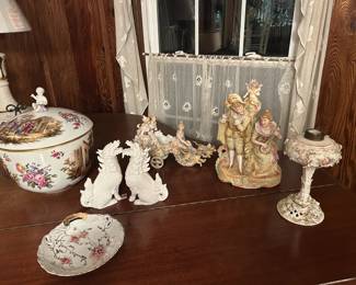 These items will be shown upon request.  Pair of Japanese Hirondo Arita Nabeshima Porcelain Kirin Qilin figurenes, Meissen decorative plate, German Dresden carriage, Heubach Style German bisque man& Woman playing instruments w/ cherubs watching, a Dresden oil lamp base, and a large Meissen decorative bowl/coffee urn.