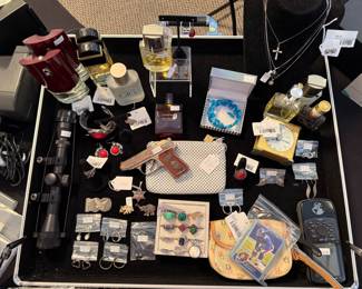 Sterling CZ Necklace and Earrings, Tiffany & Co Brass Desk Clock, Perfumes, Sterling Red Stone Ring, Sterling Earrings 