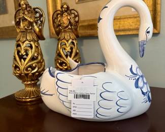 Blue & White Ceramic Swan Planter 