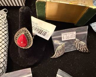Sterling Red Stone Ring, Sterling Earrings 