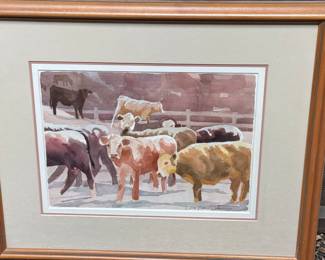 Hereford cows. Watercolor. Artist's signature, "Ellie Frenala ste.",