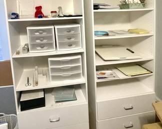 Craft room storage: shevles with drawers x3, white shelves x1