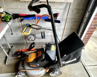Worx Nitro Mower (comes with two batteries and charger); Black and Decker Weed Eater (comers with battery and charger)