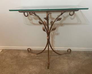 32 GoldMetalScrollandGlassConsoleTable