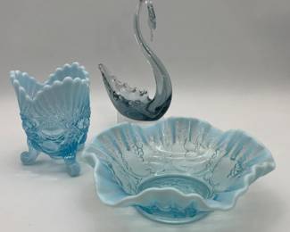 2 BlueGlassLotfeatFentonDoubleCrimpedOpalescent9RuffleBowl