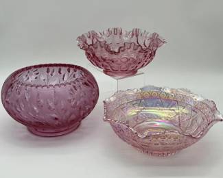49 PinkGlassBowlsLotFeaturingFentonRuffledThumbprintBowl