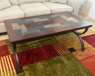 18 ContemporaryTileandWoodTopCoffeeTablewithWroughtIronLegs