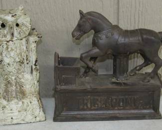 Antique Cast Iron Mechanical Banks - Owl & Trick Pony