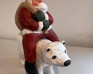 "Santa on a Polar Bear," Hand-Made by American Carver Jen Frank (Wisconsin). 1991. Measures 14.25" H x 12" D. Photo 2 of 3. 