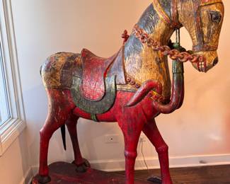Large-Scale Antique Indian Folk Art Wooden Horse on Wheels. Late 19th–early 20th Century. Hand-carved with Original Polychrome Decoration and Articulated Tack Details. Measures 53" L x 61" H. Photo 1 of 7. 