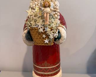 "Santa with a Basket of Stars & An Angel." 1994. Hand-Made Folk Art Santa by American Carver Nancy Goff (MO) for Jimmy Christmas. Measures 19" H x 7" D. Photo 1 of 2. 