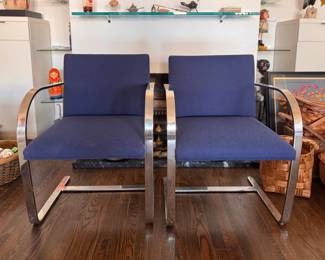 Pair of Knoll, Inc. Mies van der Rohe BRNO Flat Arm Cantilever Chairs. Upholstered in Navy Boucle Fabric.  Late 1970s–1980s. Each Measures 23" x 23" with 18" Seat Height. Photo 1 of 6. 
