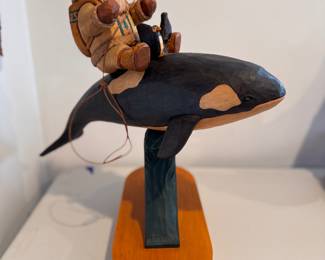"Santa on a Whale." Folk Art Santa Hand-Made by American Carver Al Longo (Missouri). 2001.  Measures 18.5" W" x 17" H.  Photo 2 of 3. 