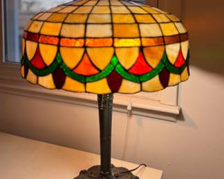 Arts & Crafts Slag Glass Table Lamp, Cast Metal Bronze Base. Measures 24" H with 18" D Shade. Photo 2 of 3. 
