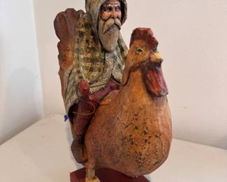 Hand-Carved, Hand-Painted Folk Art Santa on Chicken. Hand-Made by American Carver Ed Pribyl. Photo 1 of 2. 
