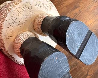 "Santa with a Basket of Stars & An Angel." 1994. Hand-Made Folk Art Santa by American Carver Nancy Goff (MO) for Jimmy Christmas. Measures 19" H x 7" D. Photo 2 of 2. 