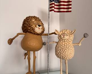 Hand-Carved, Hand-Painted Political Folk Art Lion & Lamb. Late 20th Century. Each Measures 17" W x 20" H H. 