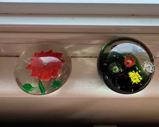 Vintage Art Glass Flower & Murano Millefiori Glass Paperweights. 