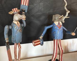 Hand-Carved, Hand-Painted Political Folk Art Figures -- Donkey (Democrat) & Elephant (Republican). Late 20th Century. Each Measures 32" H. Photo 1 of 5. 