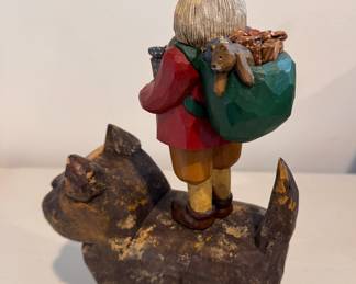 "Santa on Cat" Hand-Made Folk Art Santa by American Carver Sande Elkins (Tennessee) 1995. Measures 14.25" H x 8" D. Photo 2 of 3. 