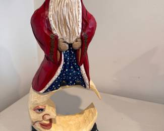 "Santa on the Moon" Hand-Made Folk Art Santa by American Carvers Walter & Judy Archambeault (New Hampshire) 2004. Measures 17.25" H x 7" W. Photo 1 of 3. 