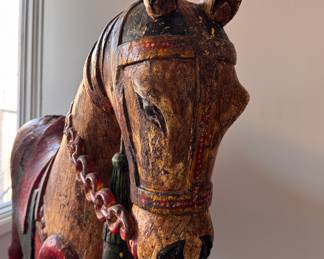 Large-Scale Antique Indian Folk Art Wooden Horse on Wheels. Late 19th–early 20th Century. Hand-carved with Original Polychrome Decoration and Articulated Tack Details. Measures 53" L x 61" H. Photo 2 of 7. 