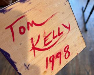 "Santa on Chimney," Hand-Made by American Carver Tom Kelly (Wisconsin) 1998. Measures 20.5" H x 5.5" D. Photo 2 of 2. 