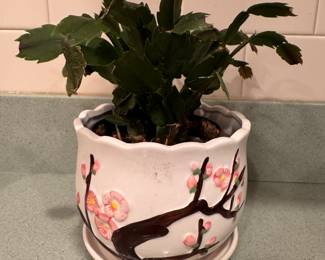McCoy Pottery Cherry Blossom Planter with Attached Saucer. Glazed Ceramic, Mid-20th Century. Photo 1 of 2. 