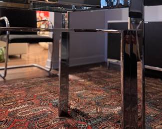 Design Institute America (DIA) Architecturally Engineered Chrome & Glass Dining Table. Pictured with Set of 8 Mies van der Rohe BRNO Tubular Steel Armchair (Model 255), Designed in 1930.  Table Measures 96" L x 42" W x 28.5" H with 27.5" Clearance. Chairs Measure 22" W x 24" D with 17" Seat Height.  Photo 7 of 12. 