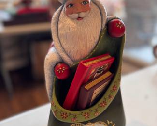 "Santa with Two Book," Hand-Made Folk Art Santa by American Carvers Curtis Gibbs & Charlotte Gibbs.  Measures 12" H x 5" W. Photo 1 of 2. 