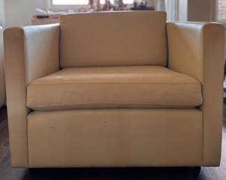 Pair of Charles Pfister for Knoll Mid-Century Custom-Designed Leather Upholstered Club Chairs. Circa 2001. Each Measures 33" W  x 33" D with 17" Seat Height. Photo 1 of 3. 