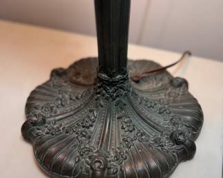 Arts & Crafts Slag Glass Table Lamp, Cast Metal Bronze Base. Measures 24" H with 18" D Shade. Photo 3 of 3. 