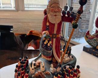 "Santa with 12 Days of Christmas," Hand-Made by American Carvers Darrell & Linda Walk (Illinois) 2002. Measures 15.25" W x 19" H.  Hand-Carved, Folk Art Christmas Scene. Photo 1 of 2. 