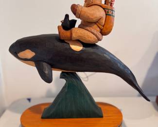 "Santa on a Whale." Folk Art Santa Hand-Made by American Carver Al Longo (Missouri). 2001.  Measures 18.5" W" x 17" H. Photo 1 of 3. 