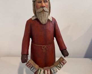 Folk Art Santa with Believe Sign. Hand-Made by American Carver Ed Pribyl. Photo 1 of 3. 