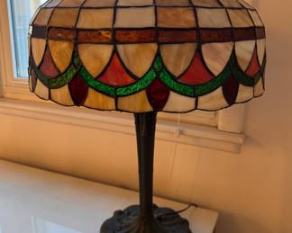 Arts & Crafts Slag Glass Table Lamp, Cast Metal Bronze Base. Measures 24" H with 18" D Shade. Photo 1 of 3. 