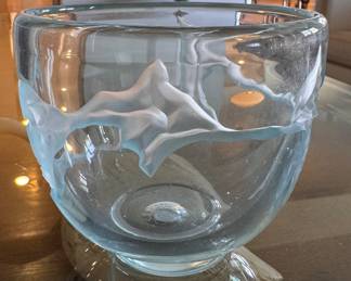 Contemporary Studio Glass Bowl, Hand-Blown with Cold-Worked Carved Exterior. Late 20th / Early 21st Century. 